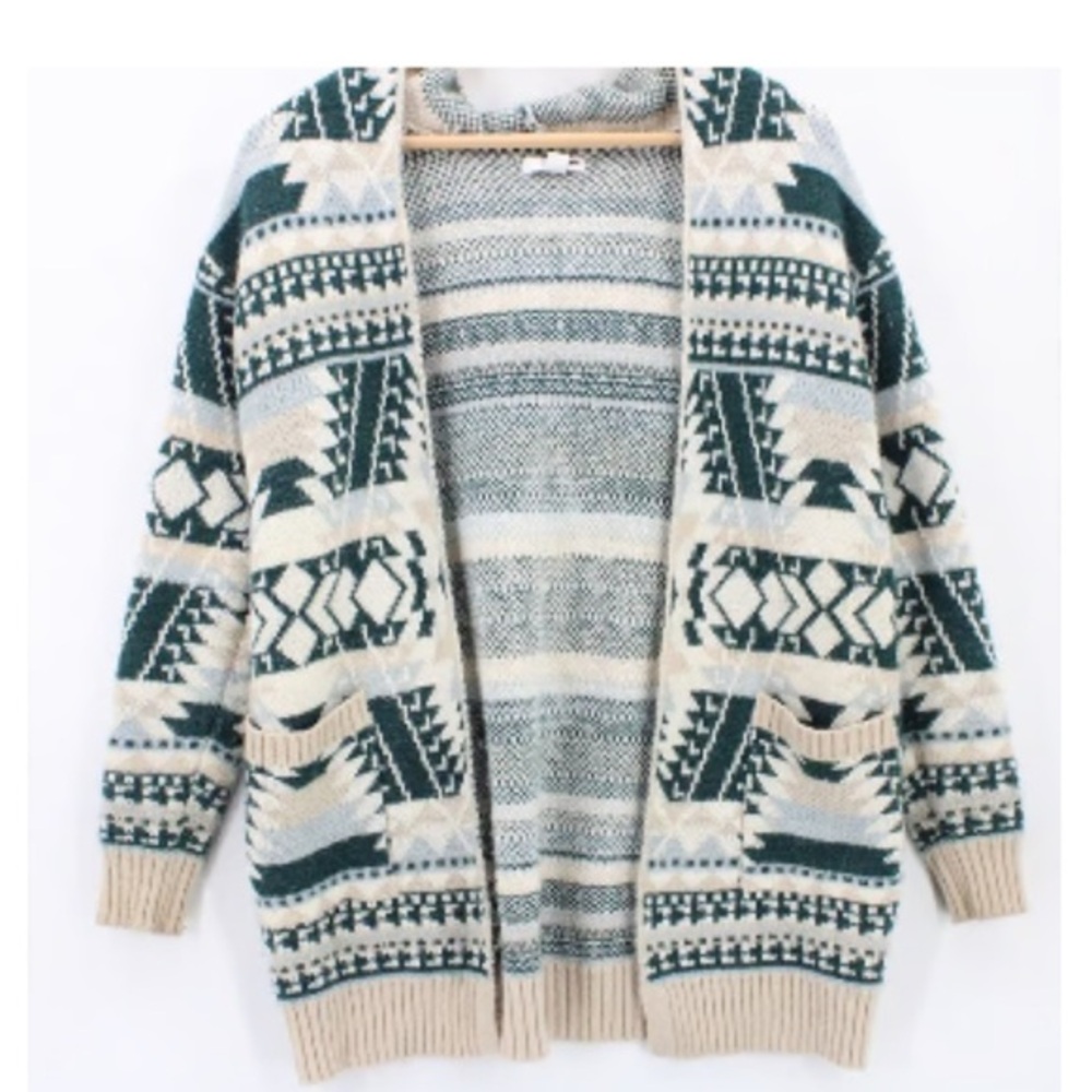 Sonoma Women's Boho Tan & Teal Sonoma Lagenlook Artsy Hooded Cardigan‎ Size XXL